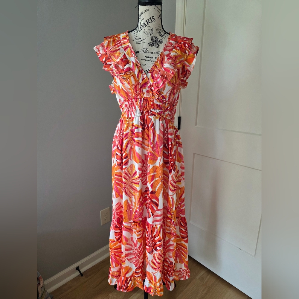 Sugarlips Pink and Orange Maxi Sundress V-Neck Flutter Sleeve